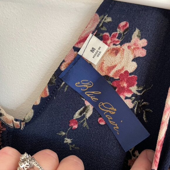 NEW NWT BLUE RAIN FRANCESCA'S Navy Blue Pink Cream Floral Ruffle Shift Dress M - Picture 4 of 14